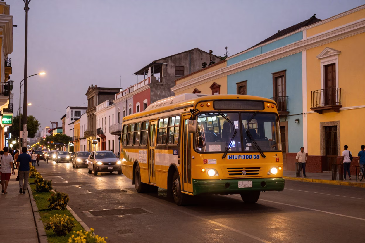 Lima Peru street scene at dusk with colorful bus and colonial architecture in in Lima, Peru
