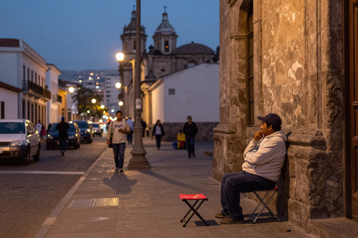 Lima Peru Street Scene at Dusk with Folding Stools and Watering Bottle in in Lima, Peru