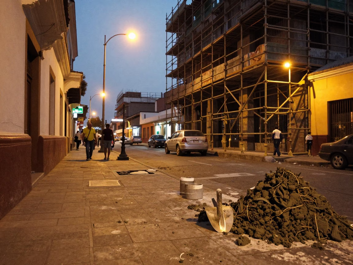 Lima Peru Street Scene at Dusk with Mason Scaffolding and Urban Life in in Lima, Peru