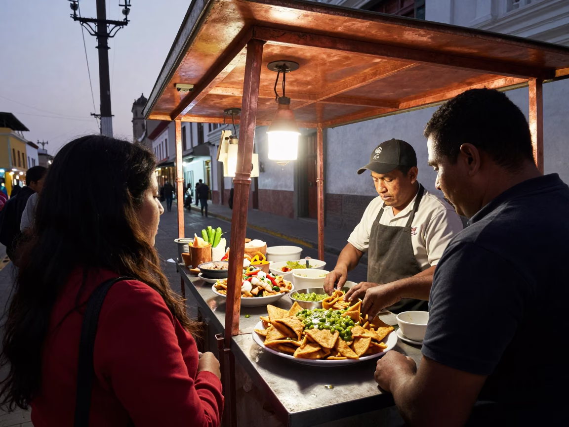 Lima Peru Street Scene at Dusk with Plate of Chilaquiles and Local Dining in in Lima, Peru
