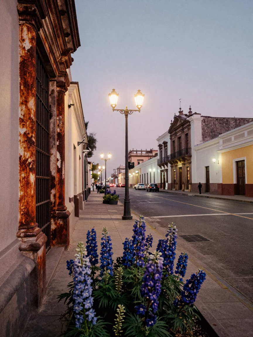 Lima Peru Street Scene at Dusk with Rust and Delphiniums in in Lima, Peru
