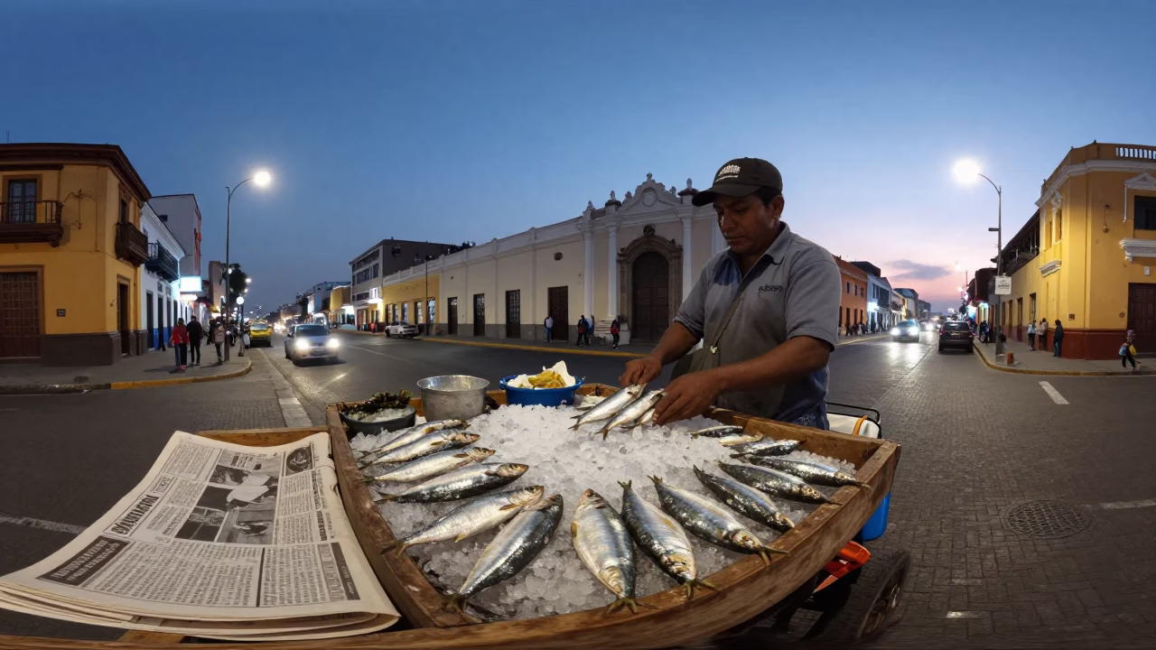 Lima Peru street scene at dusk with sardines and newspaper stack in in Lima, Peru
