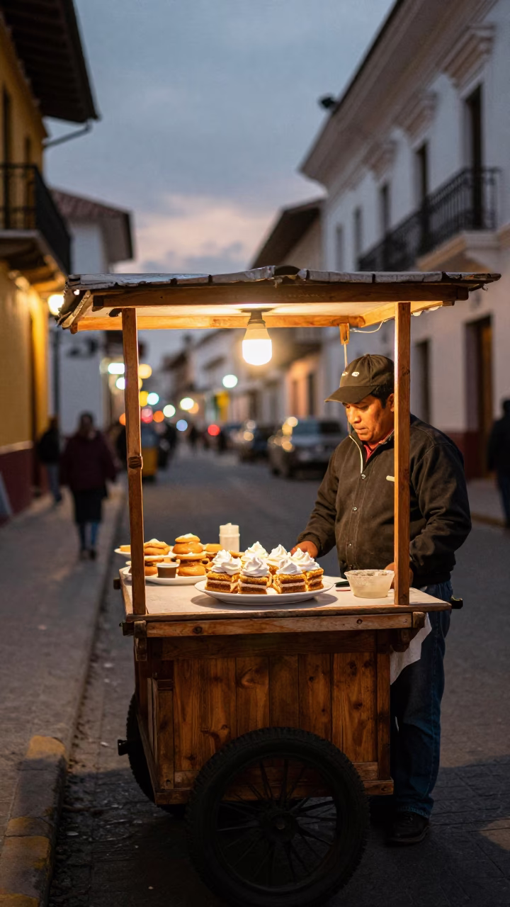 Lima Peru Street Scene at Dusk with Traditional Food and Urban Architecture in in Lima, Peru