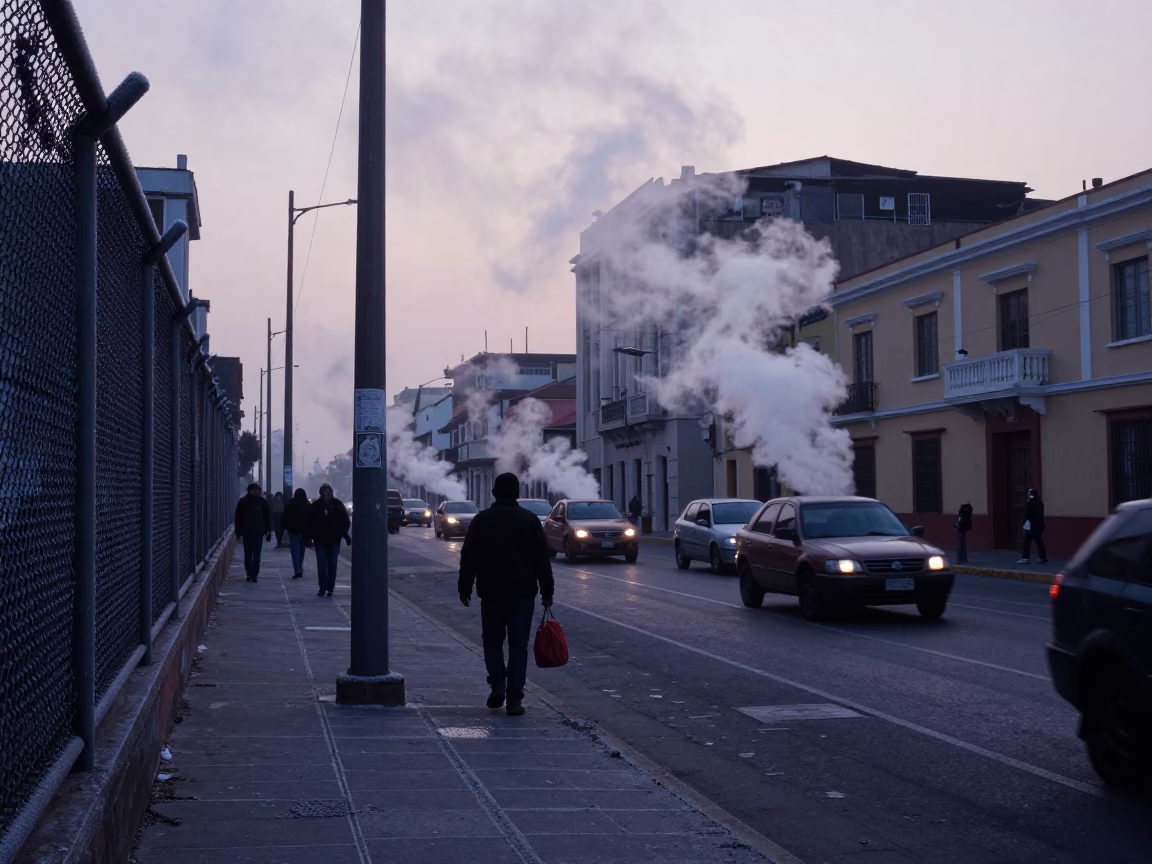 Lima Peru street scene at nautical dawn with steaming district heating pipes and oranges in in Lima, Peru