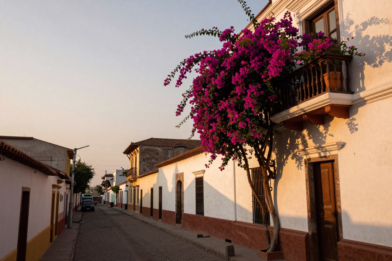 Lima Peru Street Scene at Sunset with Bougainvillea and Clay Pots in in Lima, Peru