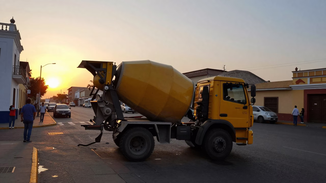 Lima Peru Street Scene at Sunset with Cement Mixer and Construction Activity in in Lima, Peru