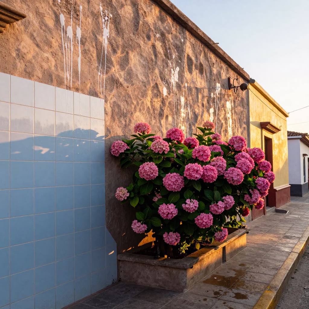 Lima Peru Street Scene at Sunset with Hydrangea Bush and Soap Streaks in in Lima, Peru