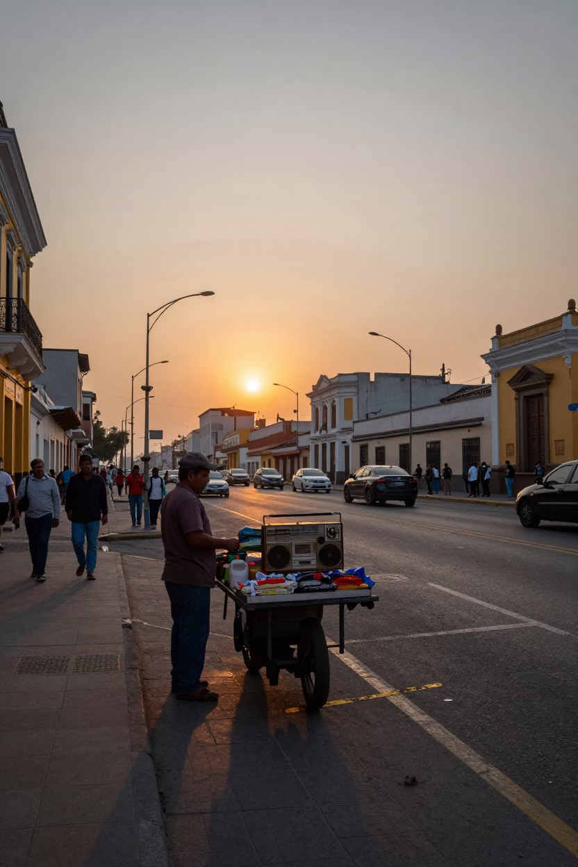 Lima Peru Street Scene at Sunset with Vintage Radio and String Lights in in Lima, Peru
