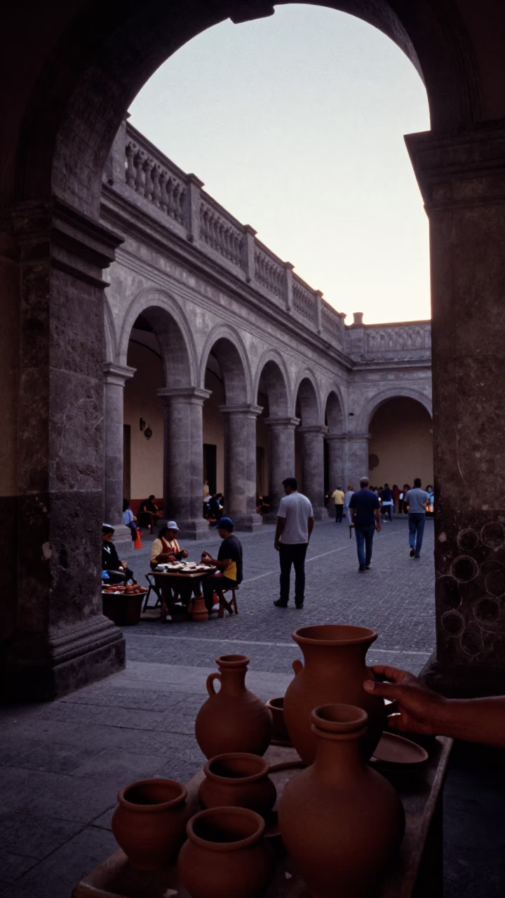 Lima Peru Street Scene Before Dawn Clay Pots and Hand Tools in Historic Courtyard in in Lima, Peru