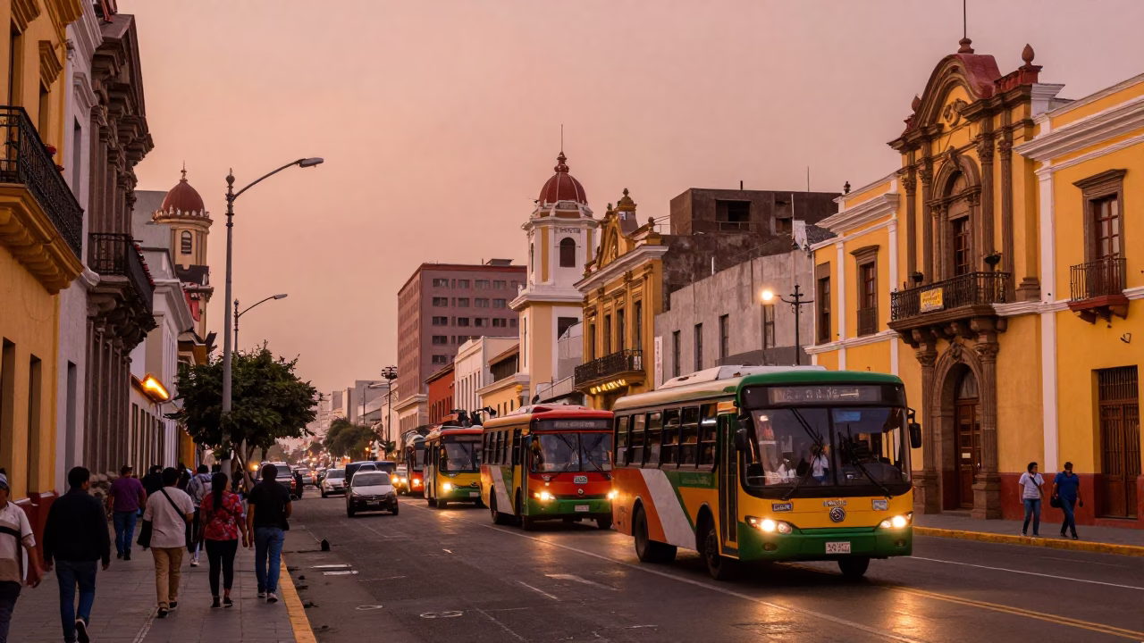 Lima Peru Street Scene Before Dusk Copper Light with Colorful Buses and Colonial Architecture in in Lima, Peru