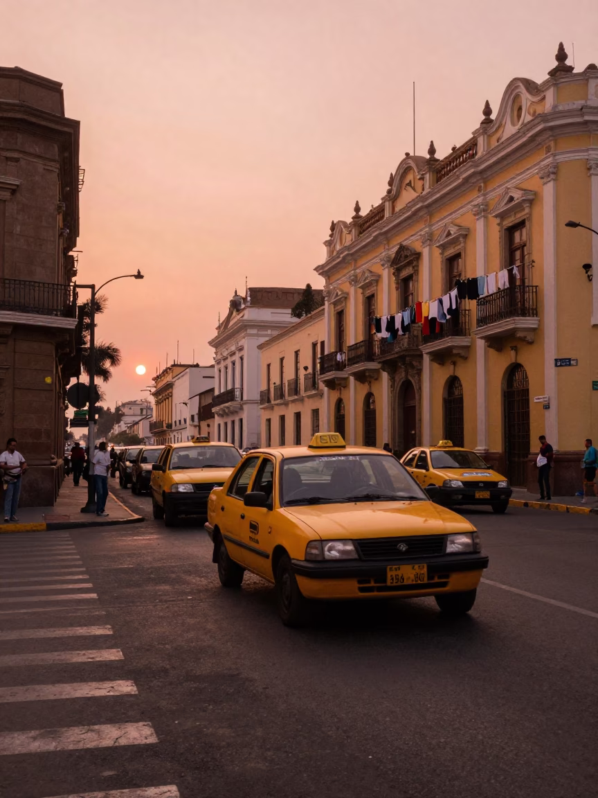 Lima Peru Street Scene Before Dusk with Yellow Taxi and Laundry Lines in in Lima, Peru