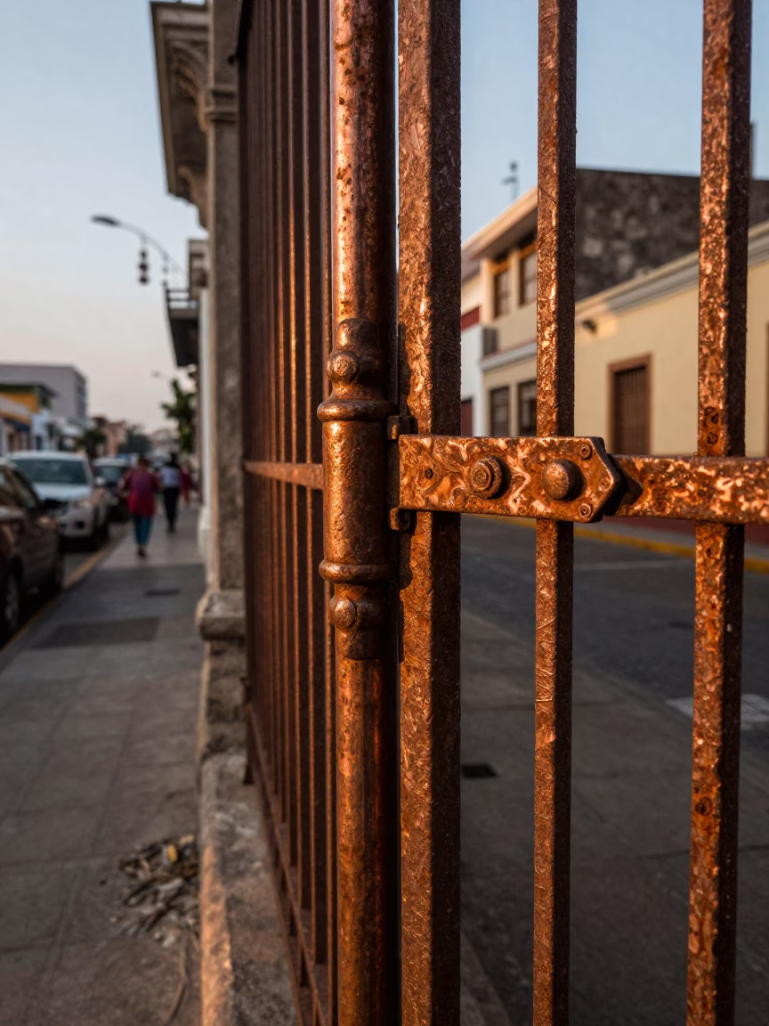 Lima Peru Street Scene Copper Dusk Light Rusty Hinge Detail Candid Moment in in Lima, Peru
