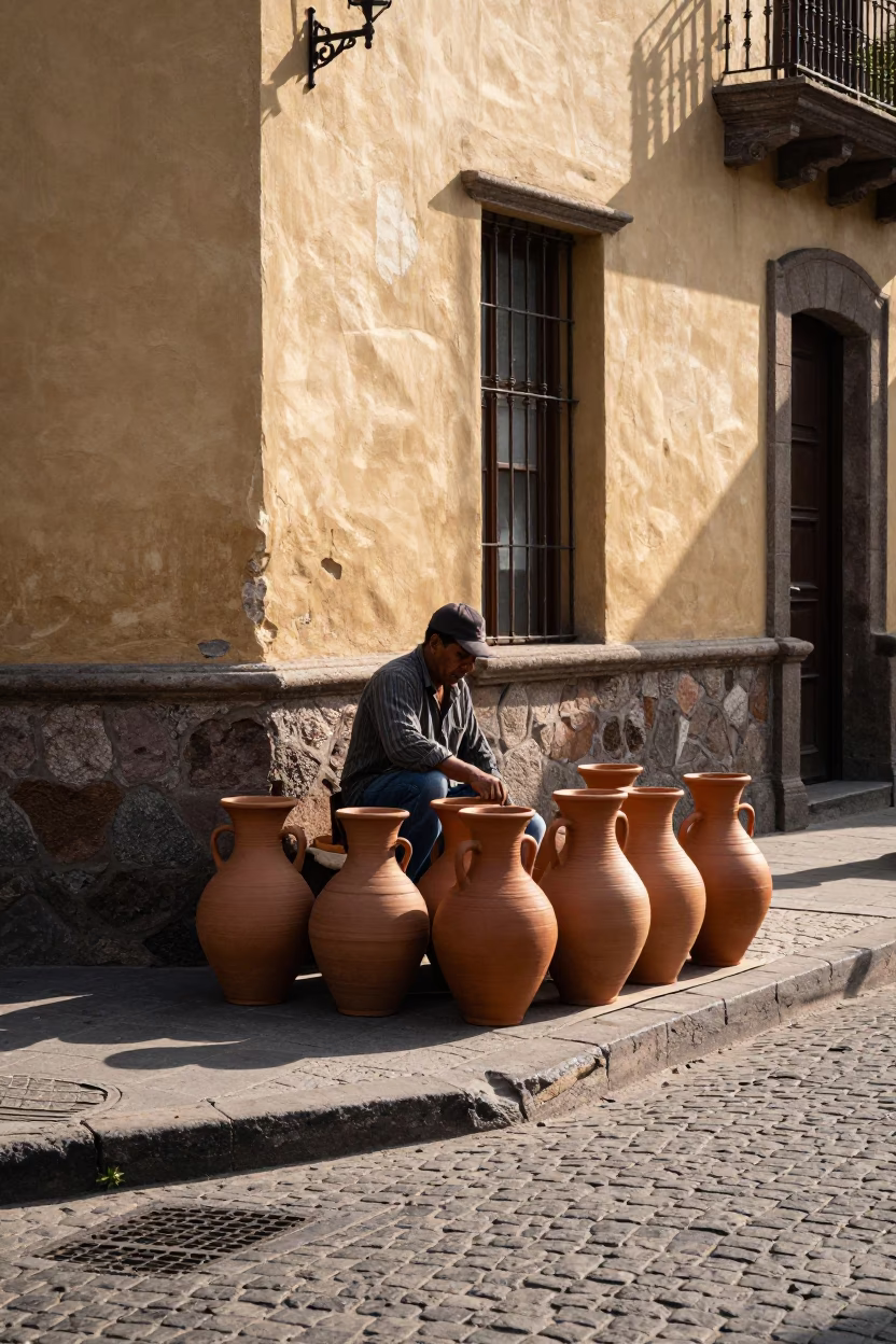 Lima Peru Street Scene Early Afternoon with Clay Pots and Sambusa Tray in in Lima, Peru