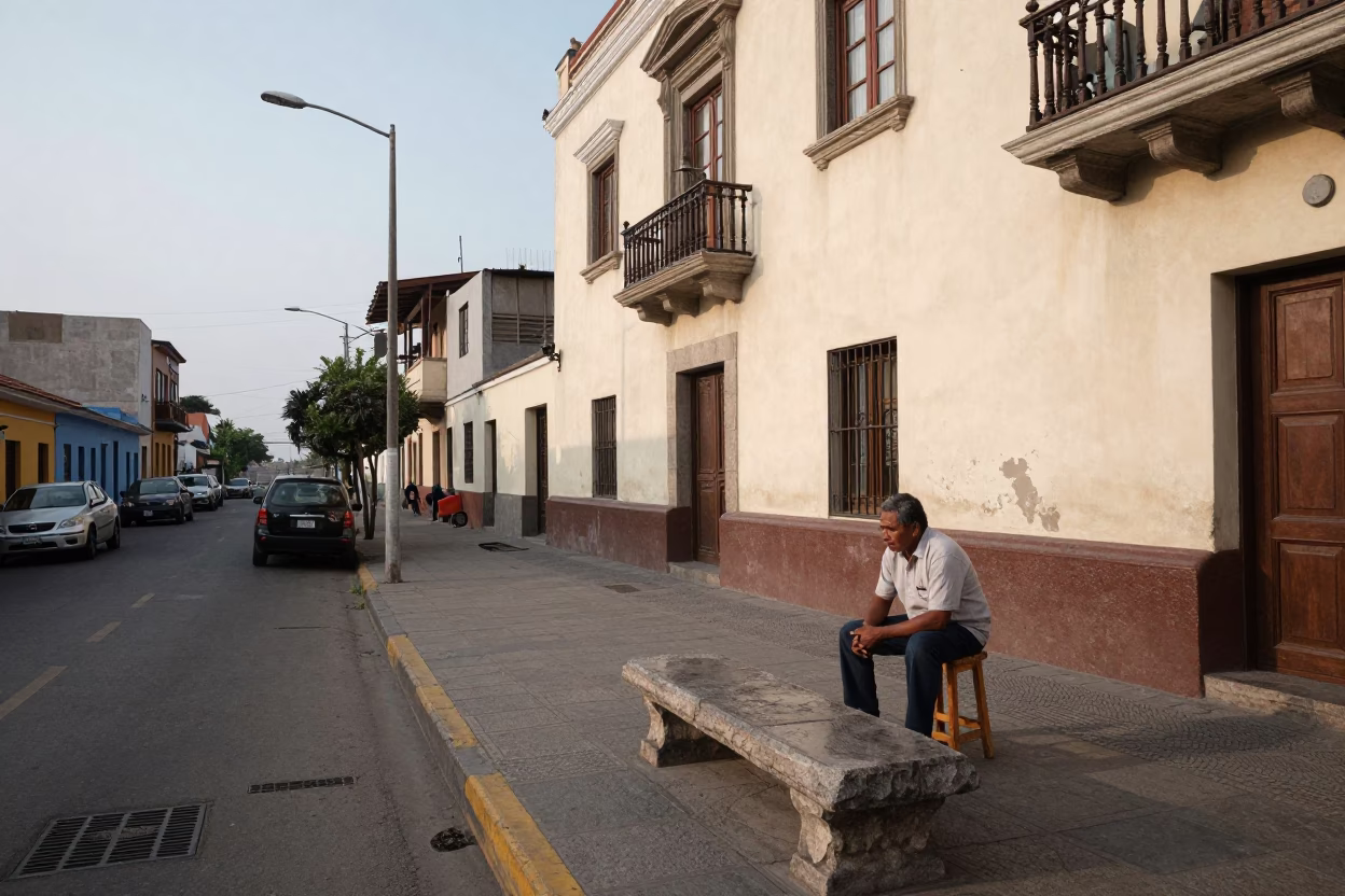 Lima Peru Street Scene Early Afternoon with Stone Bench and Wooden Stool in in Lima, Peru