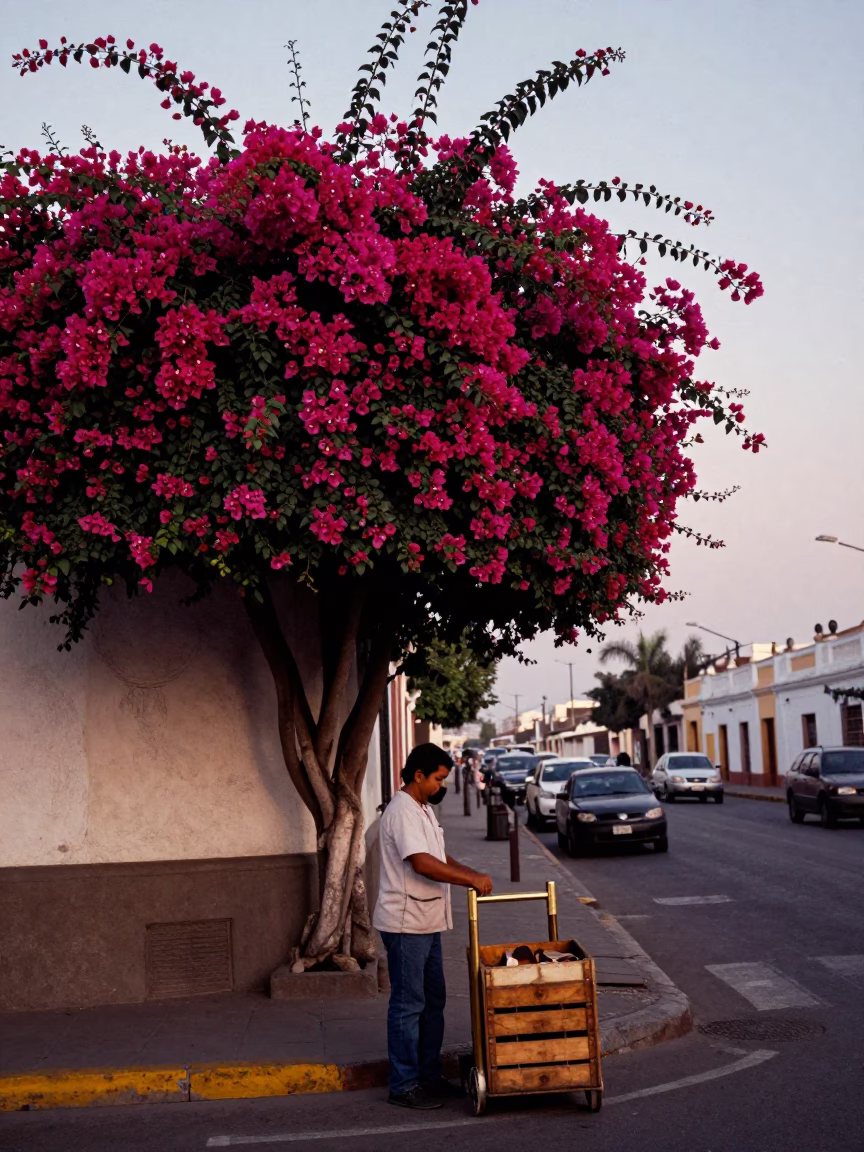 Lima Peru Street Scene Early Evening Bougainvillea and Brass Handle in in Lima, Peru