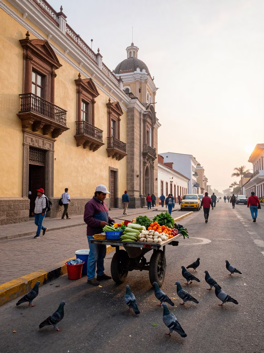 Lima Peru Street Scene Early Morning with Pigeons and Local Market Activity in in Lima, Peru
