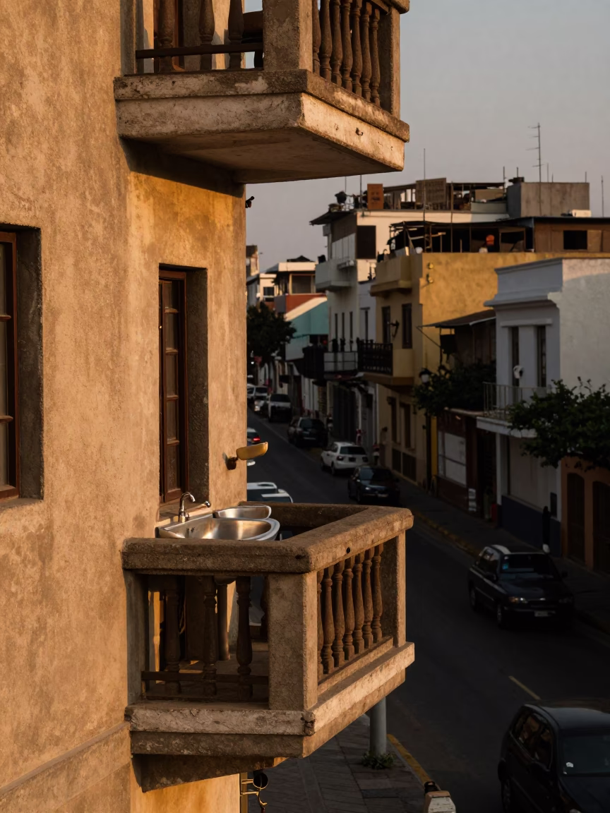 Lima Peru Street Scene Honeyed Evening Light Concrete Balcony Sink and Water Bucket in in Lima, Peru