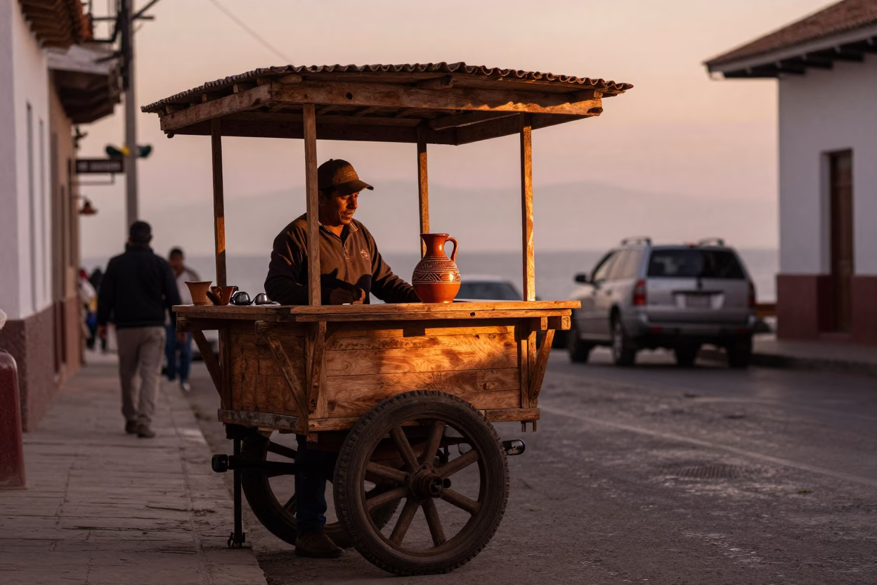 Lima Peru Street Scene in Copper Dusk Light with Chili Peppers and Traditional Pitcher in in Lima, Peru