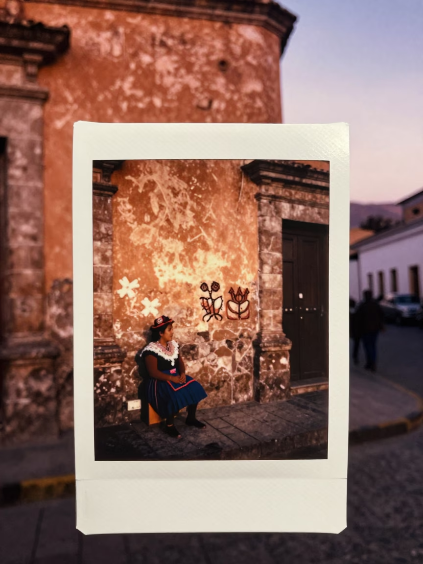 Lima Peru Street Scene in Copper Dusk Light with Embroidered Cushion and Tambourine in in Lima, Peru