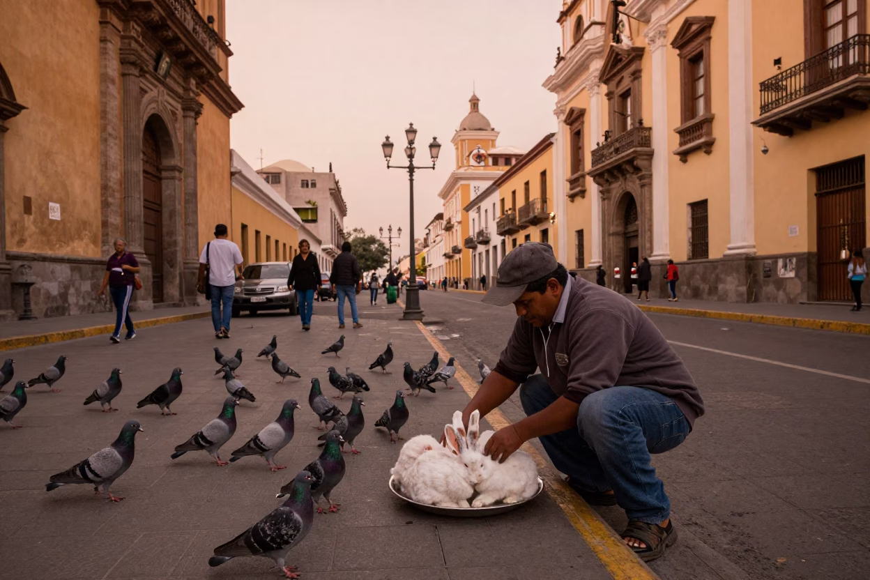 Lima Peru Street Scene in Copper Dusk Light with Pigeons and Traditional Cuisine in in Lima, Peru