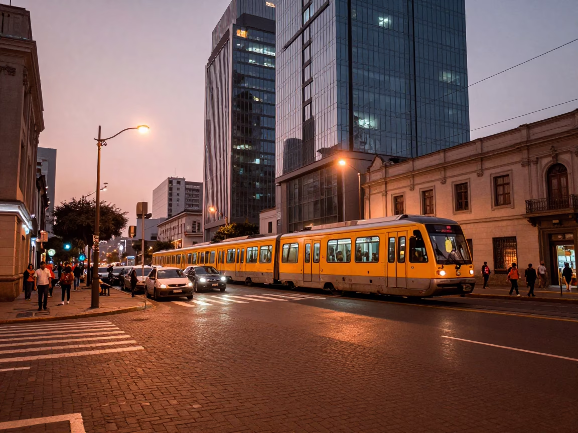 Lima Peru Street Scene in Copper Toned Dusk Light with Monorail and Coastal Elements in in Lima, Peru