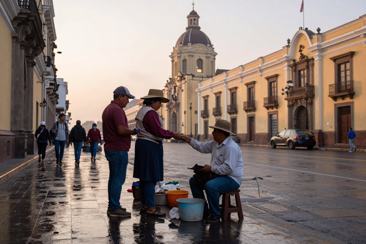 Lima Peru Street Scene Just After Sunrise With Local Vendor And Ledger in in Lima, Peru