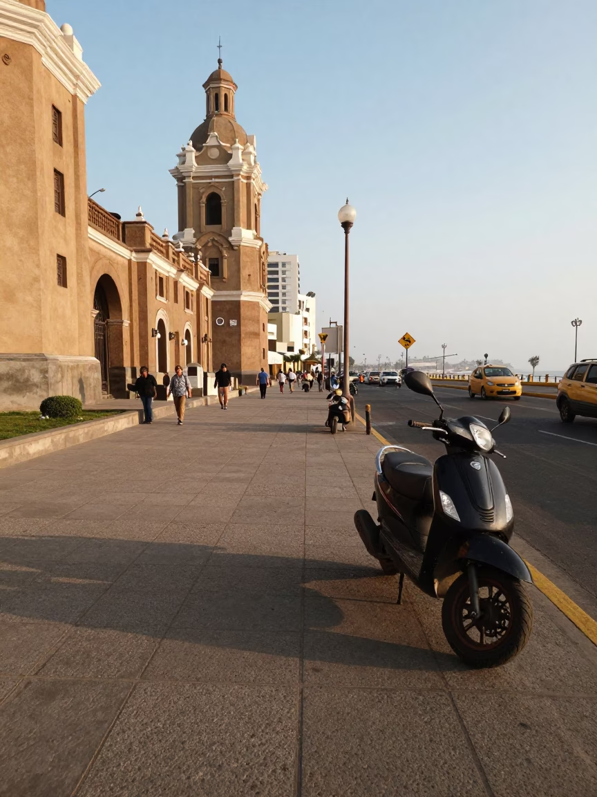 Lima Peru Street Scene Late Afternoon Light with Scooter and Local Life in in Lima, Peru