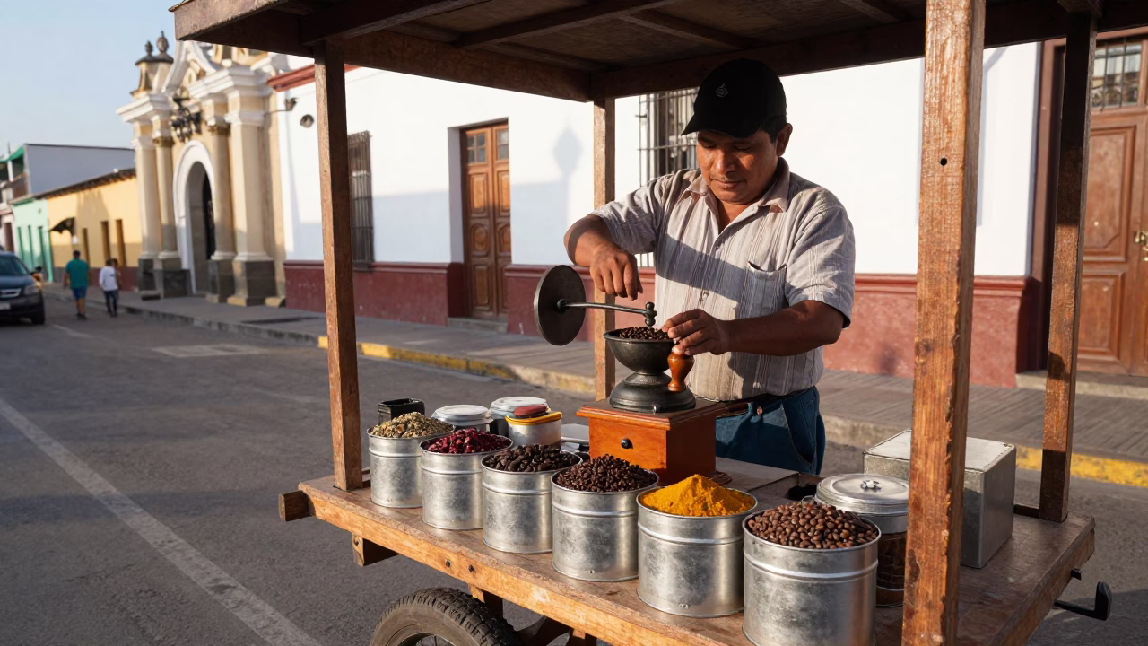 Lima Peru Street Scene Late Morning Coffee Grinder and Storage Tins in in Lima, Peru