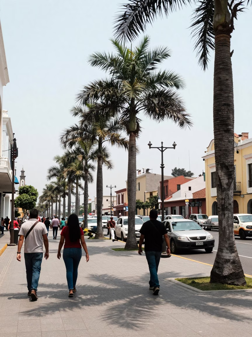 Lima Peru Street Scene Noon Light Palm Trees and Local Commerce in in Lima, Peru