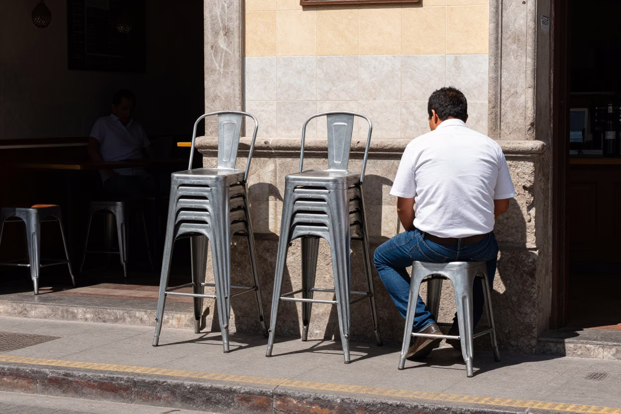 Lima Peru Street Scene Under Noon Sun with Bar Stools and Vintage Radio in in Lima, Peru