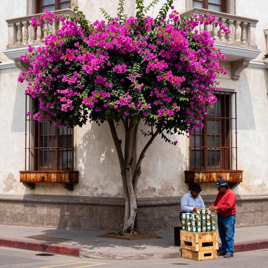 Lima Peru Street Scene with Bougainvillea and Window Boxes at Noon in in Lima, Peru