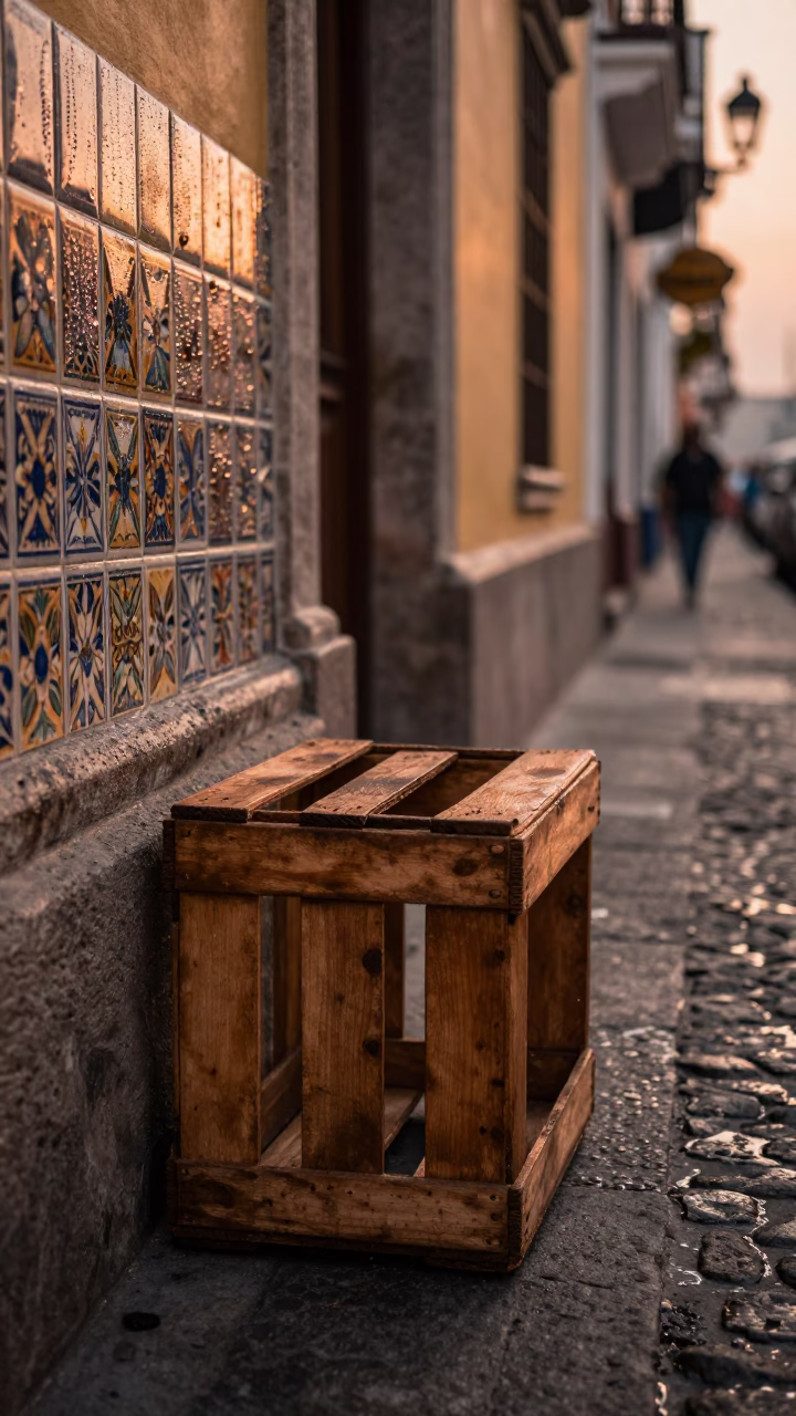 Lima Peru Street Scene with Crate and Condensation in Copper Dusk Light in in Lima, Peru