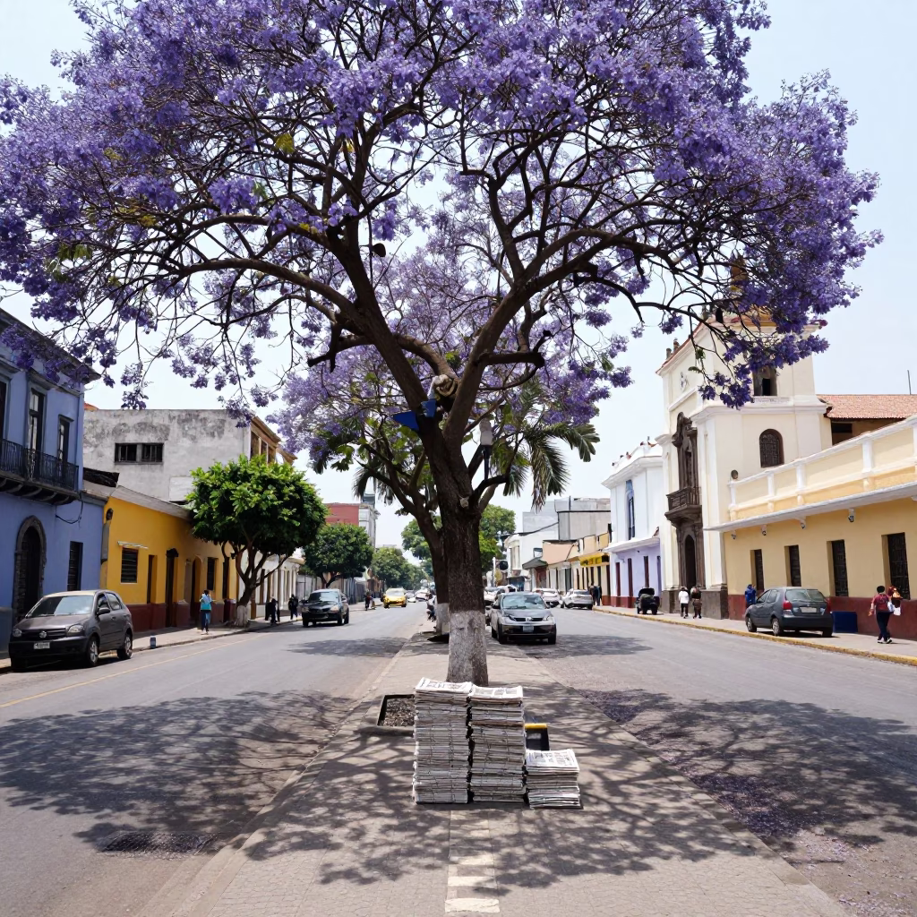 Lima Peru Street Scene with Jacaranda Tree and Newspaper Stack in Bright Midmorning Light in in Lima, Peru