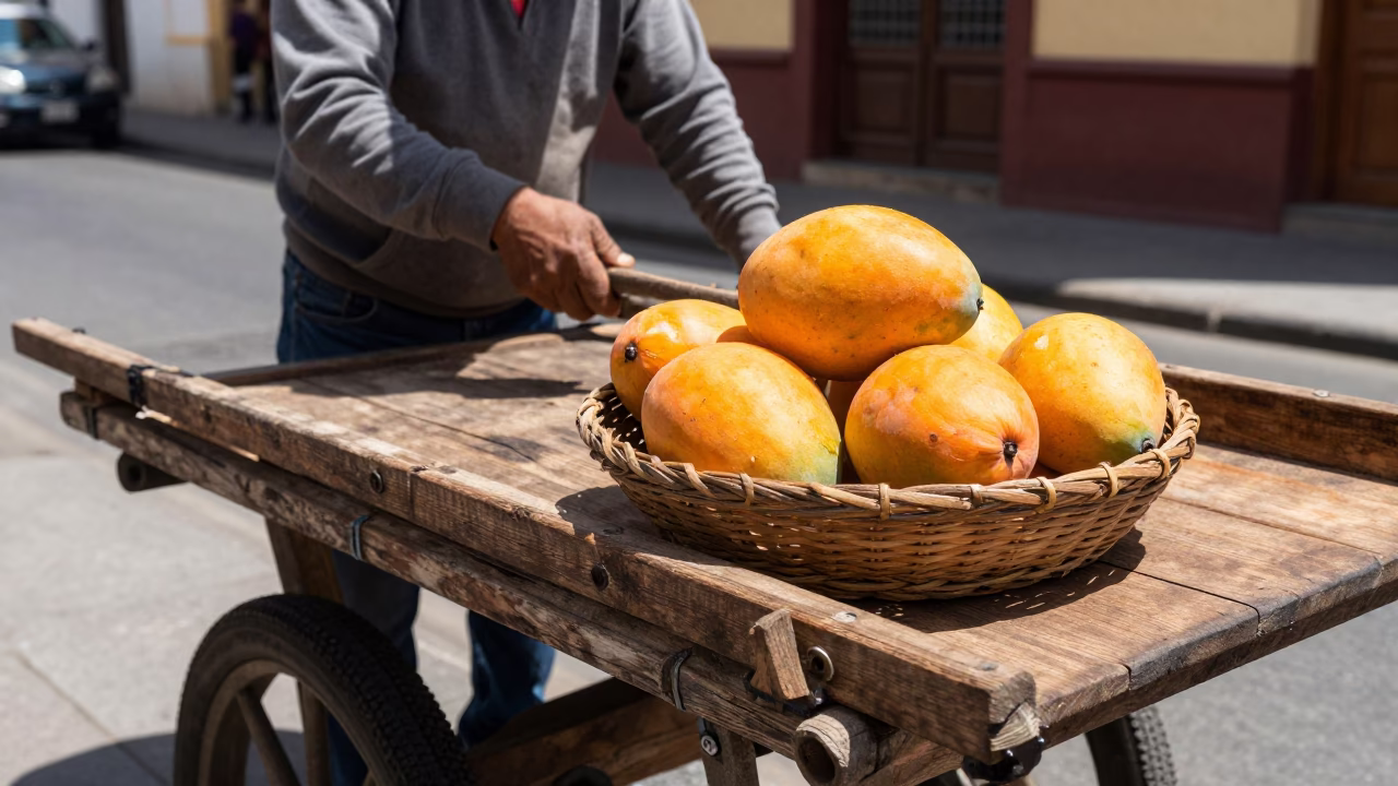 Lima Peru Street Scene with Mangoes and Sunlight on Wooden Bench in in Lima, Peru