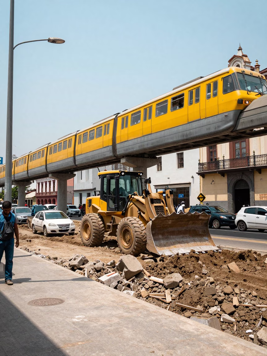 Lima Peru Street Scene with Monorail and Construction Under Noon Sun in in Lima, Peru