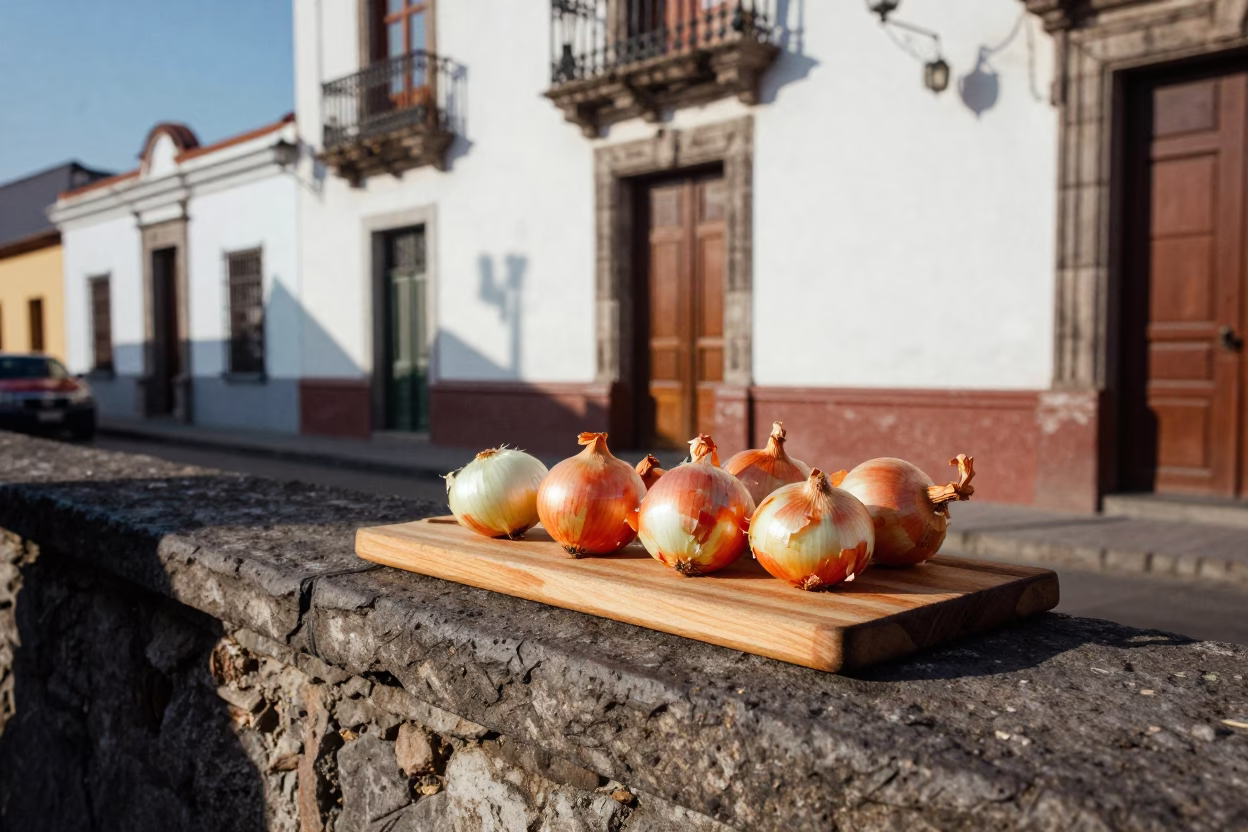 Lima Peru Street Scene with Wooden Bread Board and Onions in Late Afternoon Light in in Lima, Peru