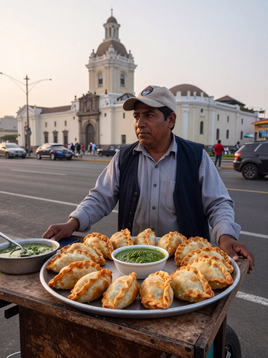 Lima Peru street vendor selling empanadas at nautical dawn in in Lima, Peru