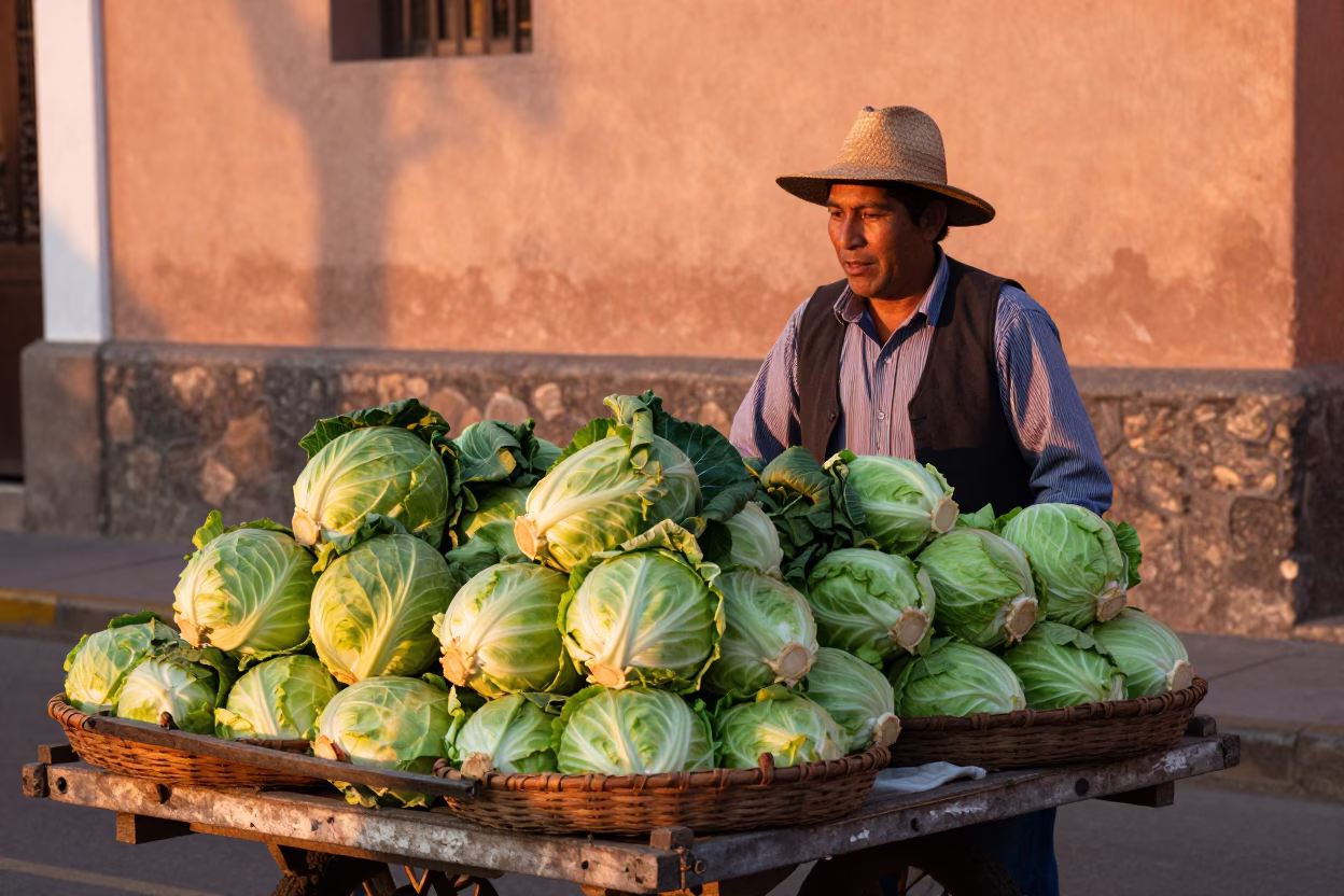 Lima Peru Street Vendor Selling Fresh Cabbages in Copper Dusk Light in in Lima, Peru