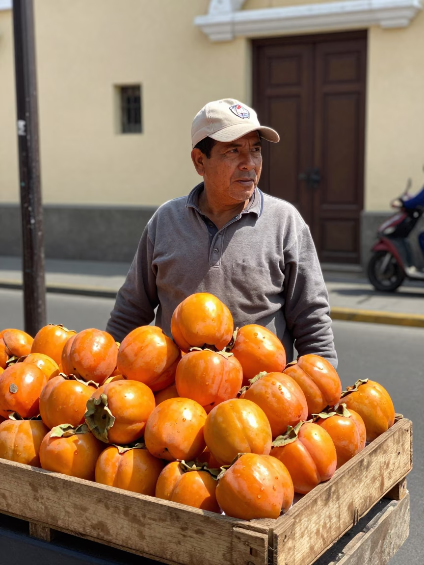 Lima Peru street vendor selling fresh persimmons under flat noon glare in in Lima, Peru