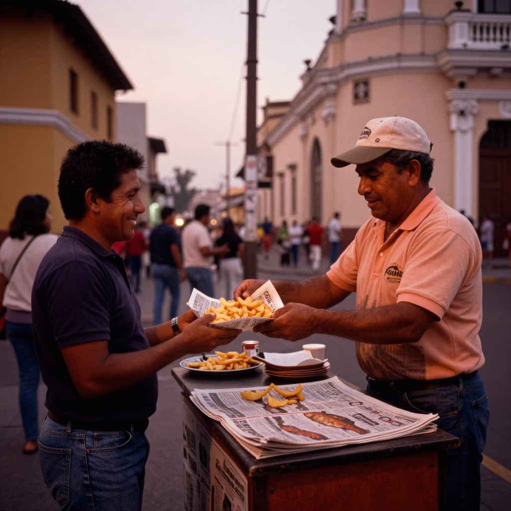 Lima Peru Street Vendor Serving Fish and Chips in Newspaper Before Dusk in in Lima, Peru