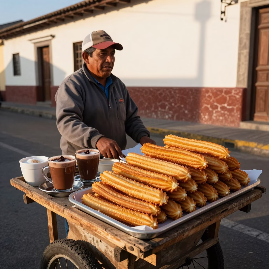 Lima Peru Street Vendor Serving Traditional Bread and Churros in Late Afternoon Light in in Lima, Peru