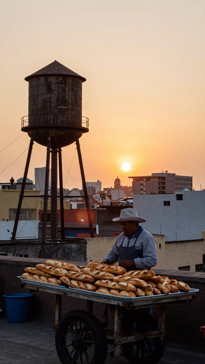Lima Peru Sunset Rooftop View with Water Tower and Baguettes in in Lima, Peru