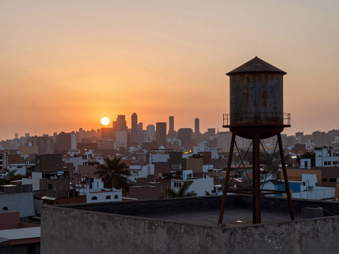 Lima Peru Sunset Skyline View with Rooftop Water Tower and Construction Pile Driver in in Lima, Peru