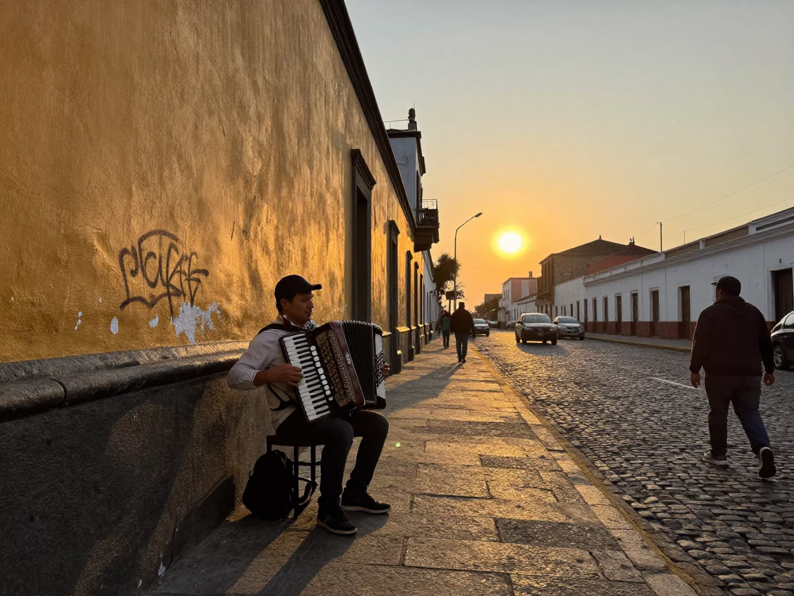 Lima Peru Sunset Street Scene with Accordion Player and Urban Details in in Lima, Peru