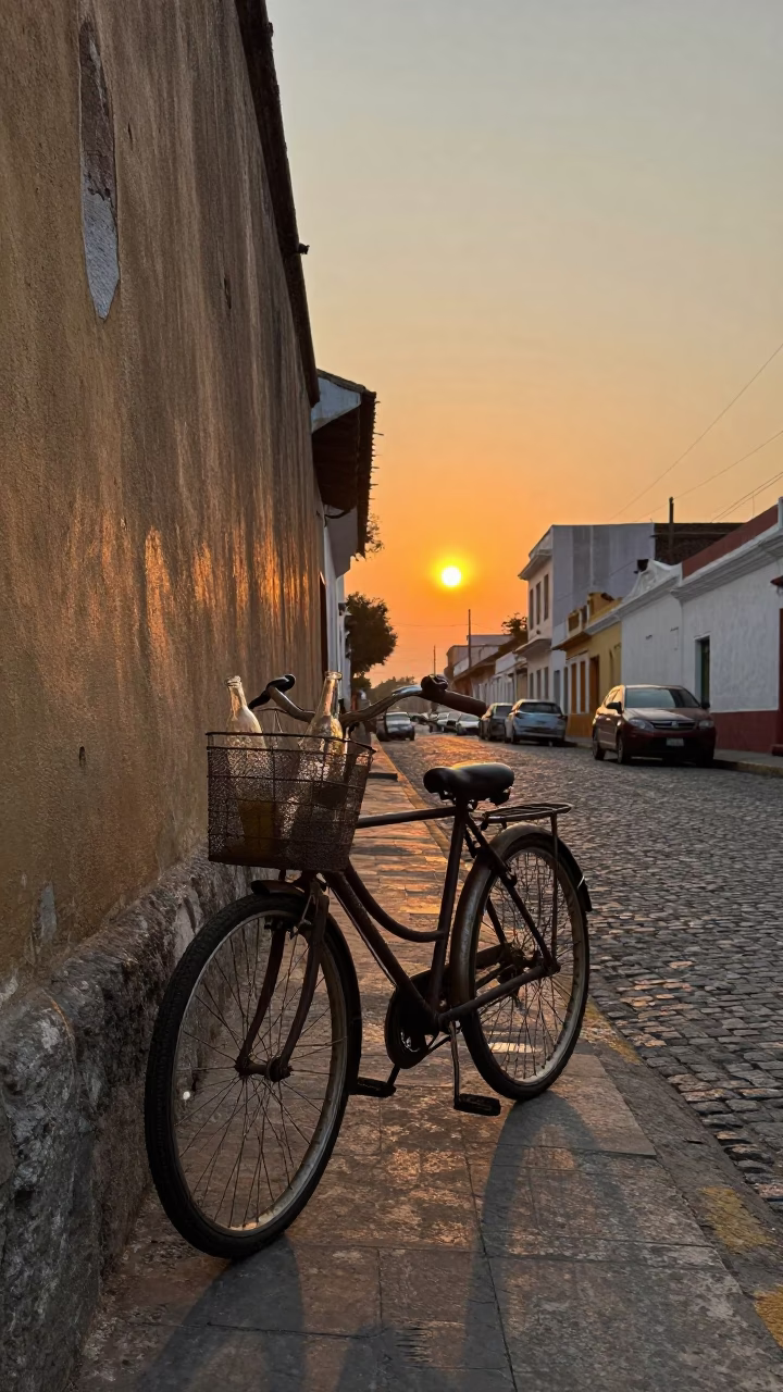 Lima Peru Sunset Street Scene with Bicycle Basket and Glass Bottles in in Lima, Peru