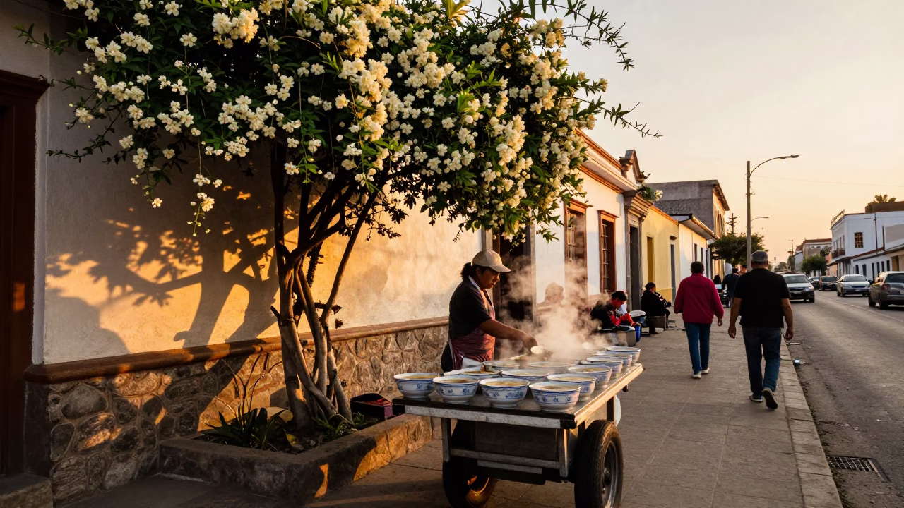 Lima Peru Sunset Street Scene with Climbing Jasmine and Soup Bowls in in Lima, Peru