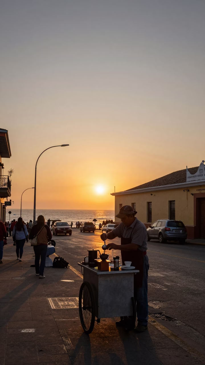 Lima Peru Sunset Street Scene with Coffee Grinder and Mix Jug in in Lima, Peru