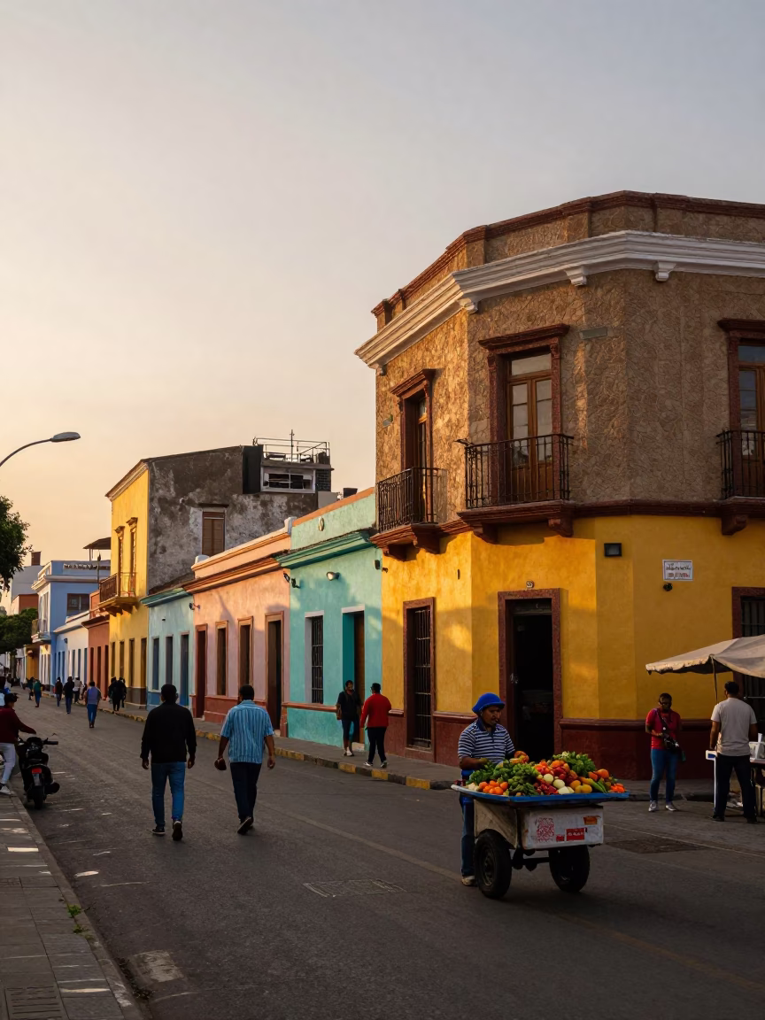 Lima Peru Sunset Street Scene with Colorful Facades and Urban Life in in Lima, Peru