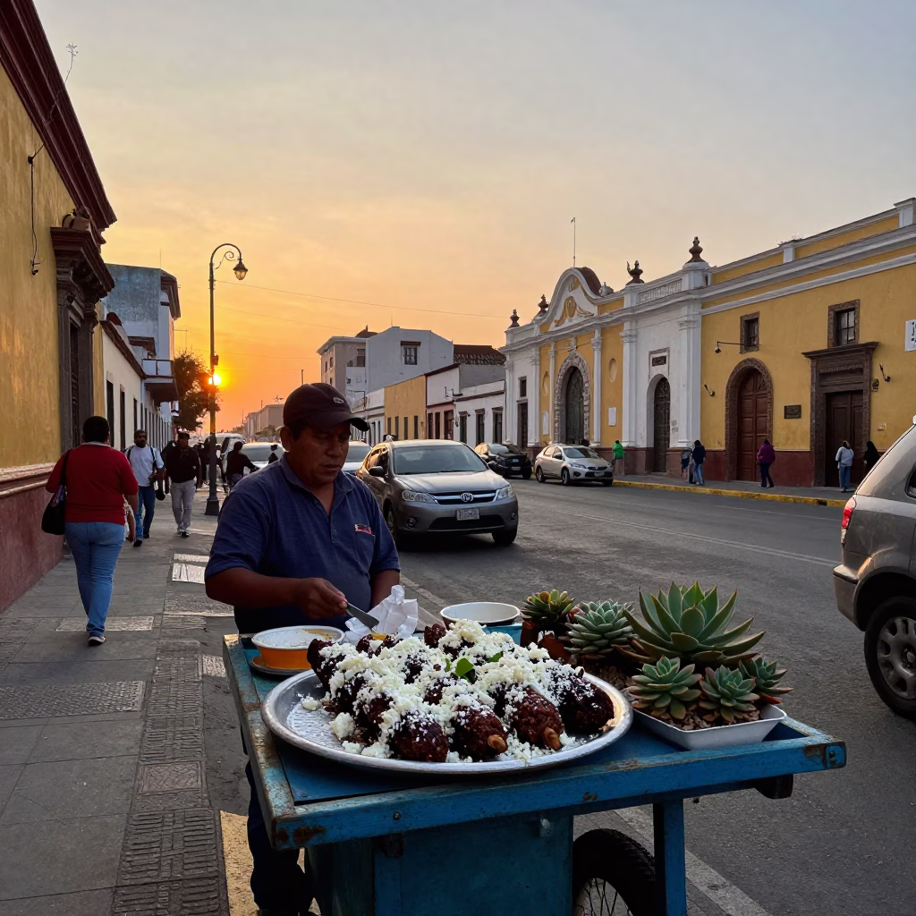 Lima Peru Sunset Street Scene with Elote and Succulents in in Lima, Peru