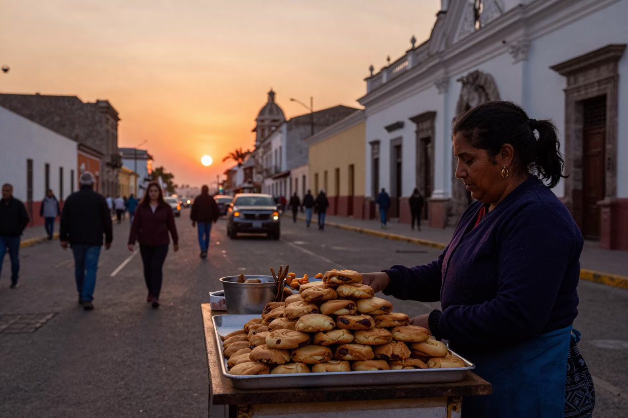 Lima Peru Sunset Street Scene with Local Food Vendor and Traditional Pastries in in Lima, Peru